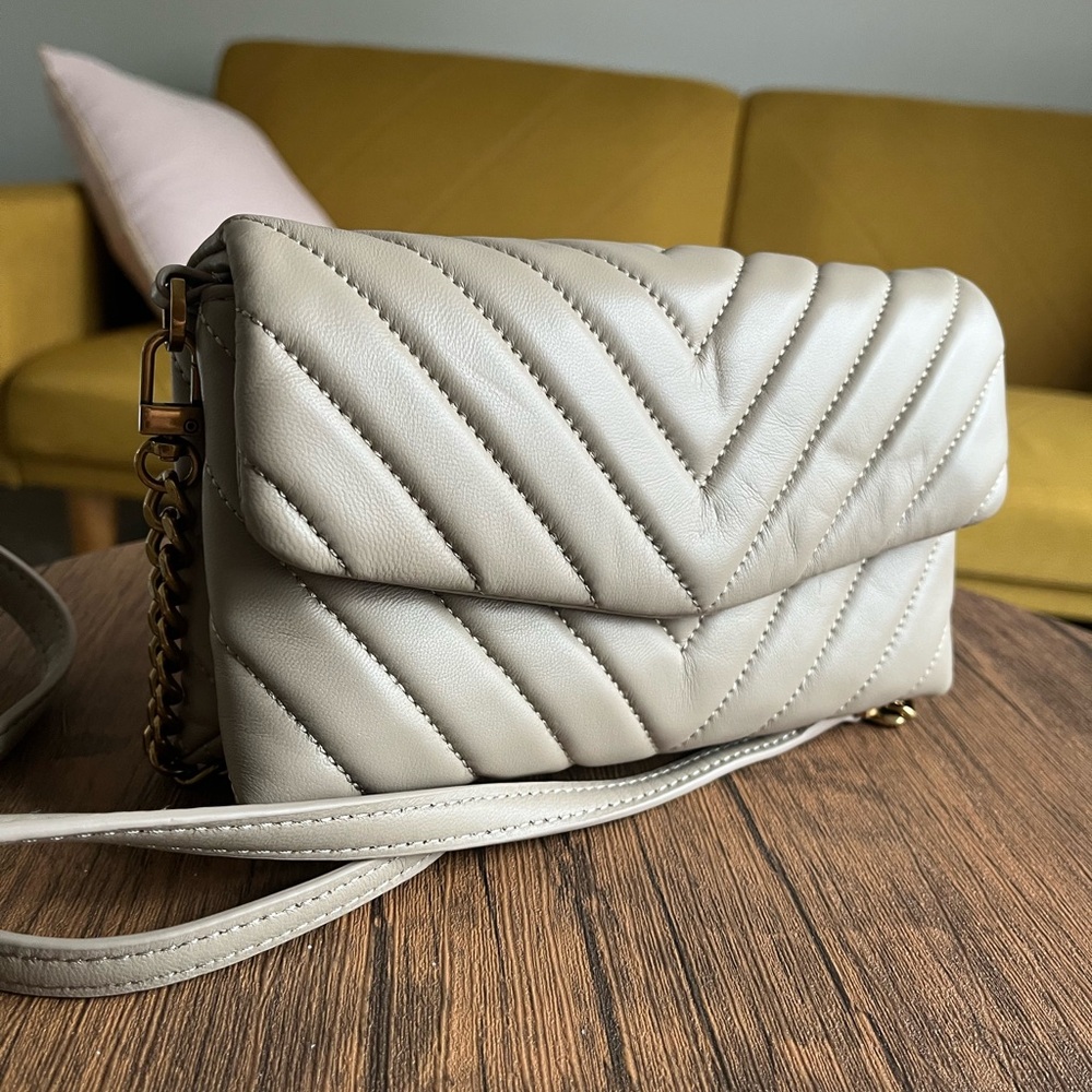 Quince Italian Lether Quilted Wallet Crossbody in Taupe